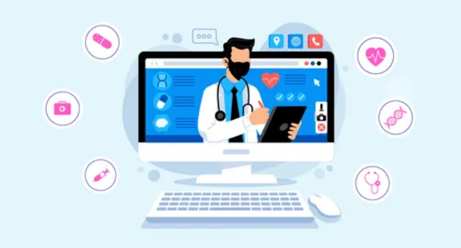 Illustration of a man sitting at a desk in front of a computer. Dotted lines connect the computer to portraits of different types of partner. 